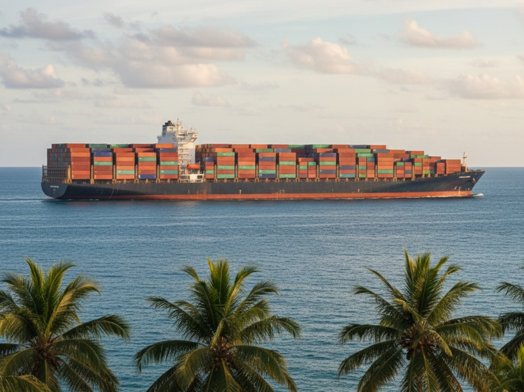 Navire porte-containers en mer transportant containers vers territoires d'outre-mer