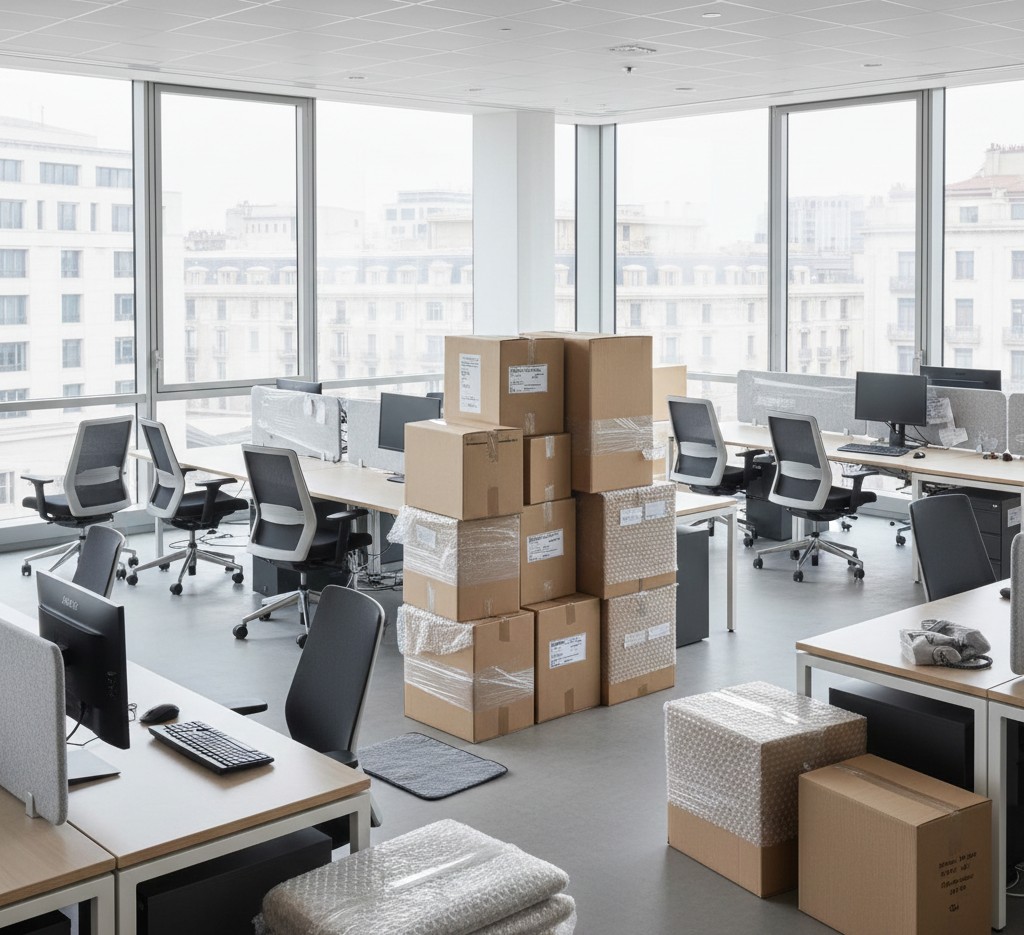 Bureau professionnel en preparation de demenagement avec cartons archives et materiel informatique