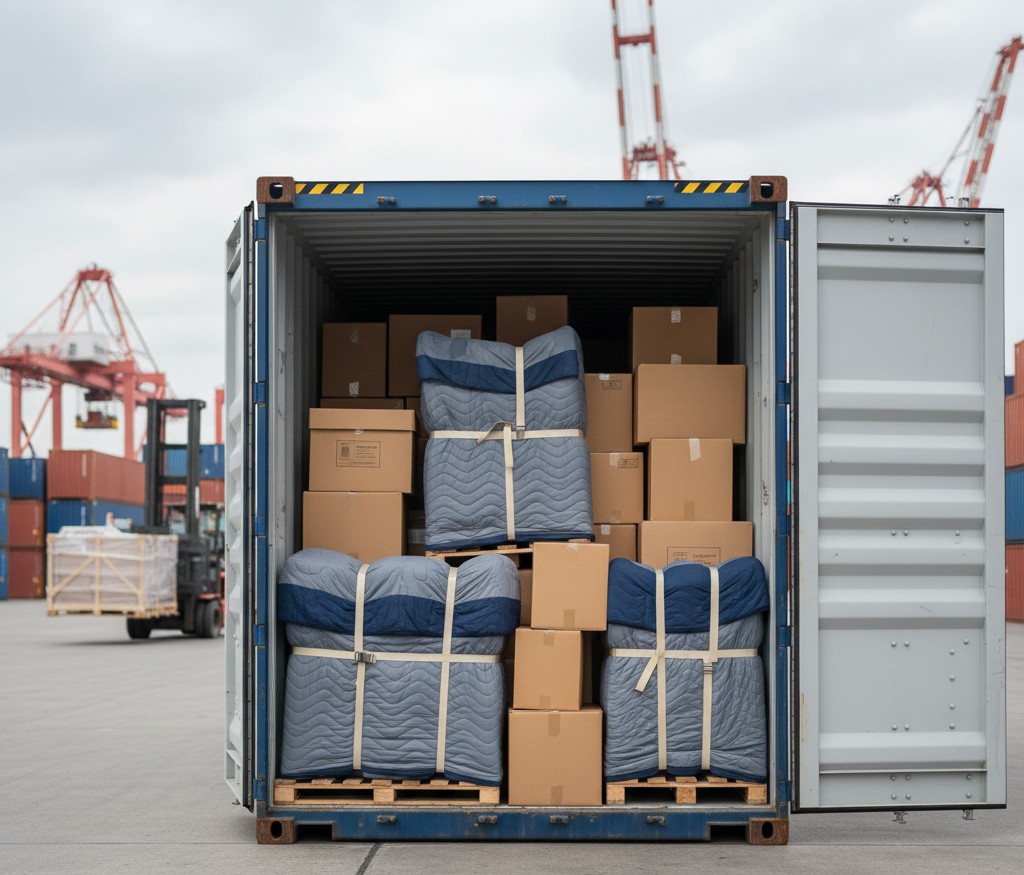 Container maritime de demenagement en cours de chargement avec meubles et cartons proteges