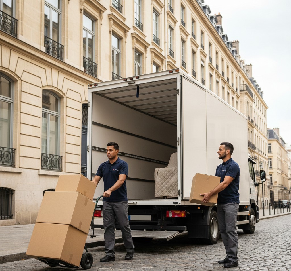 Equipe de demenageurs avec camion blanc dans une rue de Lyon 2 chargeant des cartons
