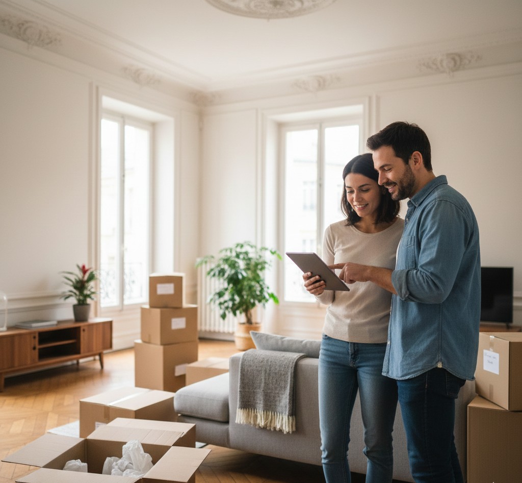 Famille dans nouvel appartement Lyon 2 avec cartons de demenagement et meubles