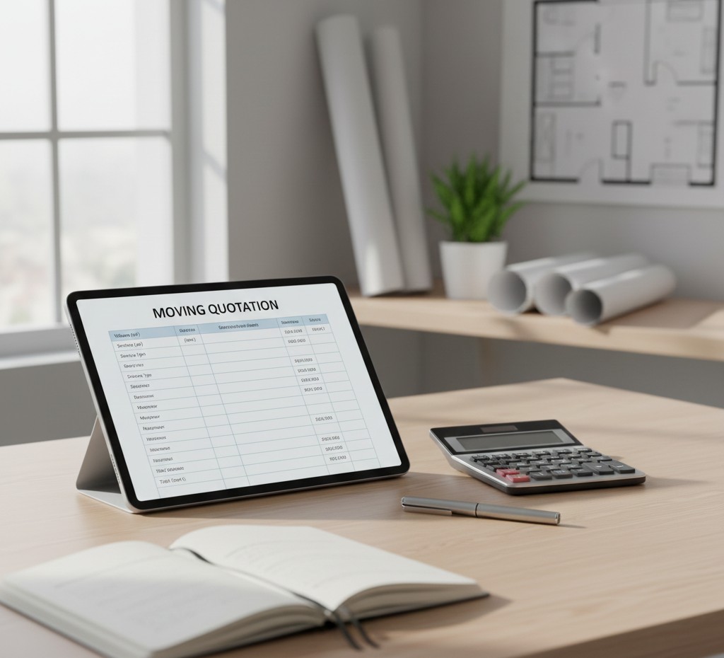 Document de devis de demenagement sur tablette avec calculatrice et notes sur bureau