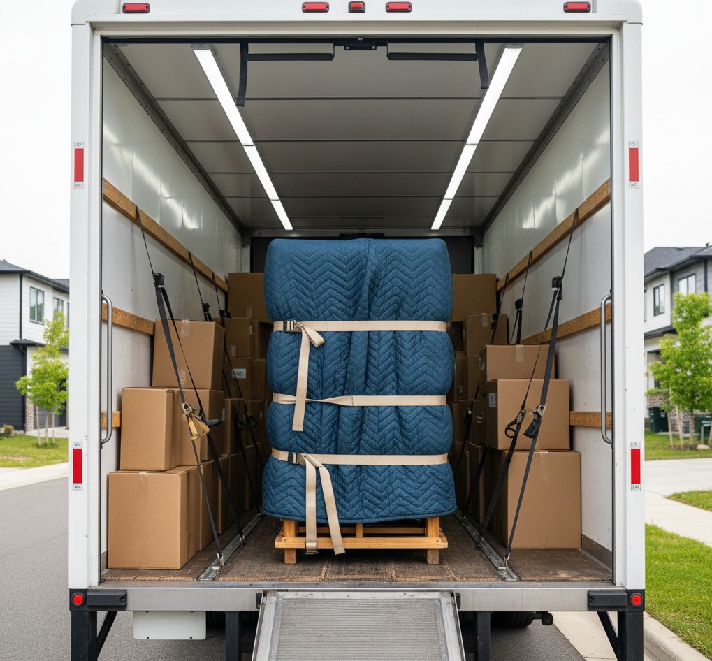 Interieur de camion de demenagement avec cartons empiles et meubles proteges par couvertures