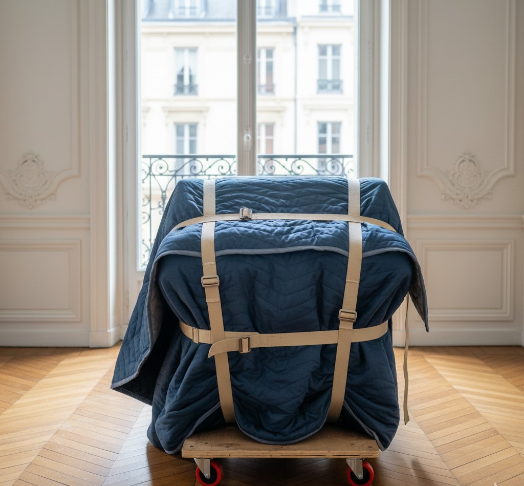 Piano droit protege par couvertures professionnelles avec sangles pour transport securise